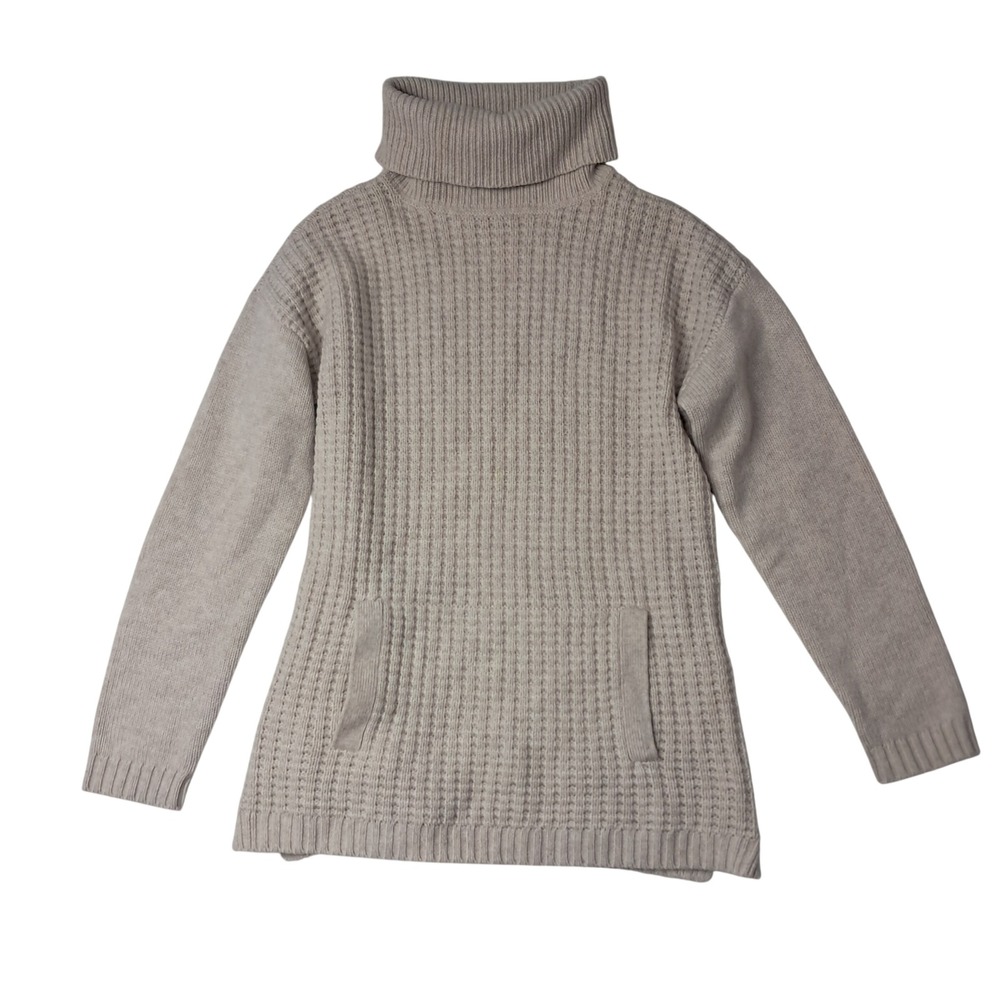 Talbots 100% Cashmere Sweater Womens Small Beige Turtleneck Waffle Knit Pockets